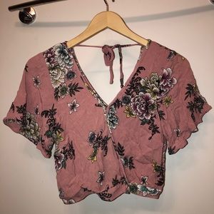 Flower Pink Crop Top Wrap with Buttons XS